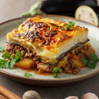 Moussaka Served with Pea Stew and Oven Lemon Potatoes